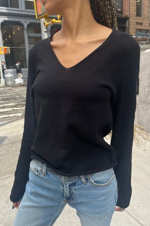 Black Brandy Melville Andi V-Neck Cotton Sweaters | USA 58739-TPUD