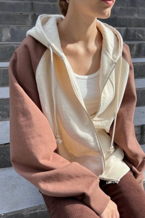 Brown White Brandy Melville Christy Color Block Hoodie | USA 05914-MXSK