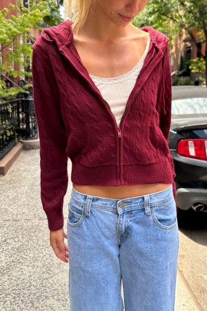 Burgundy Brandy Melville Ayla Cable Knit Hoodie | USA 38902-QPIO