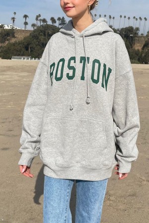 Grey Brandy Melville Christy Boston Hoodie | USA 74316-PQEY