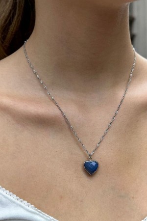 Silver Brandy Melville Blue Heart Necklace | USA 70428-PFYQ