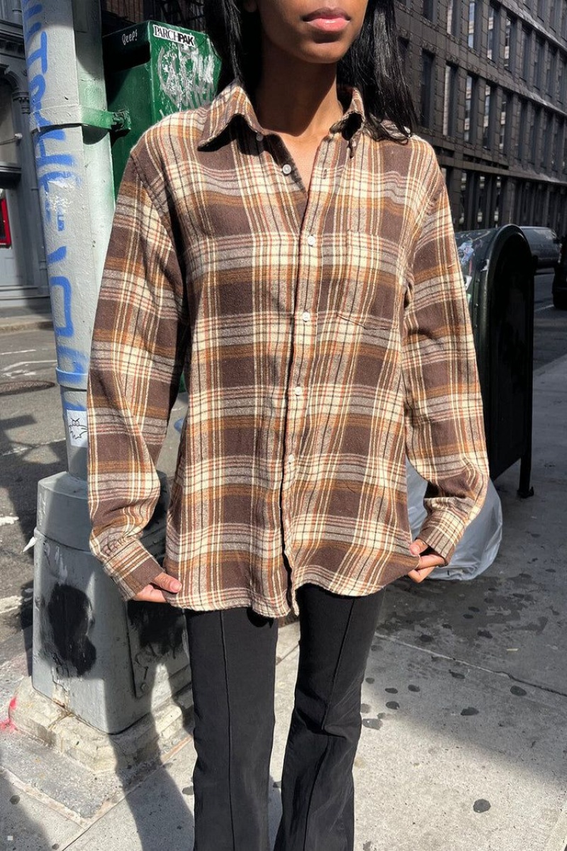 Brown Brandy Melville Hazel Flannel Tops | USA 13867-MXVI