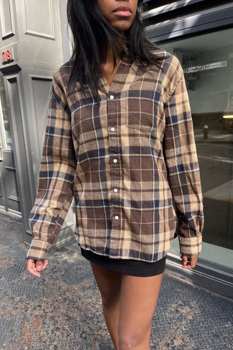 Brown Navy Brandy Melville Hazel Flannel Tops | USA 24137-OFPM