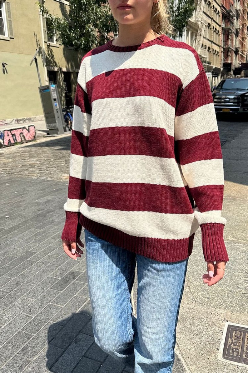 Burgundy White Brandy Melville Brianna Cotton Thick Stripe Sweaters | USA 92436-JCRK