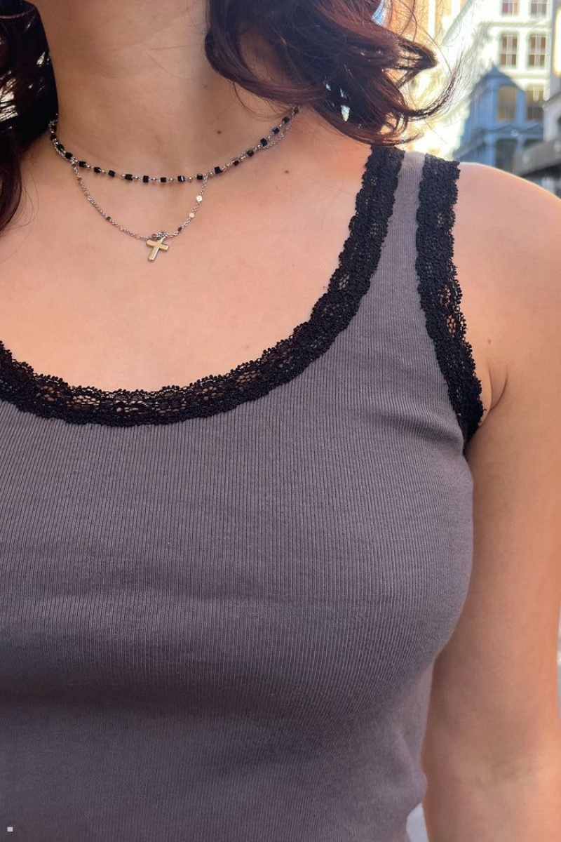 Dark Grey Brandy Melville Ronnie Lace Long Tank Tops | USA 53274-QIAP