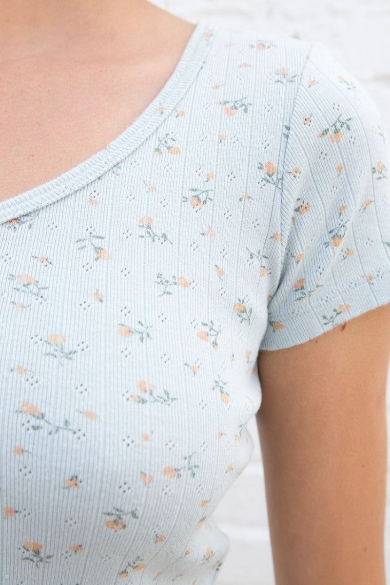 Light Blue Brandy Melville Zelly Floral Eyelet Tops | USA 05431-NALF