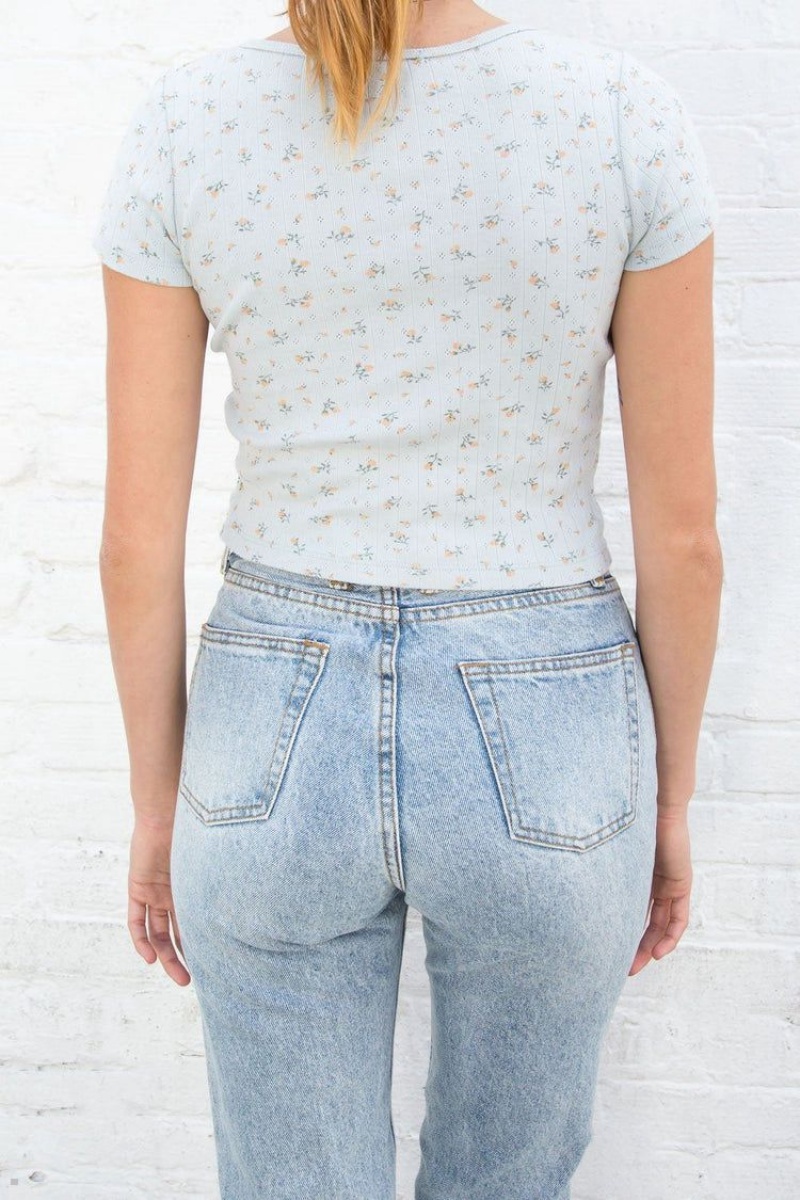 Light Blue Brandy Melville Zelly Floral Eyelet Tops | USA 05431-NALF