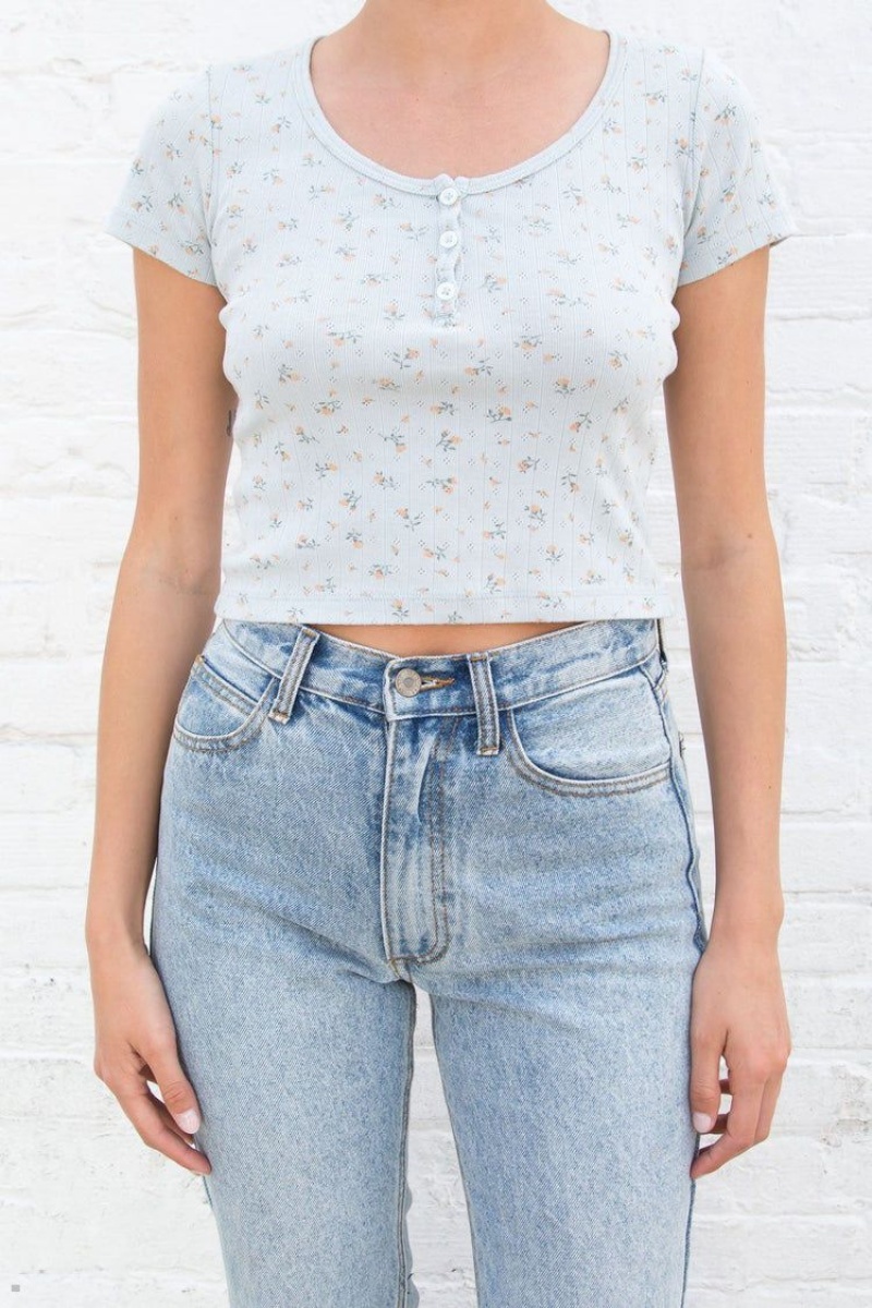 Light Blue Brandy Melville Zelly Floral Eyelet Tops | USA 05431-NALF