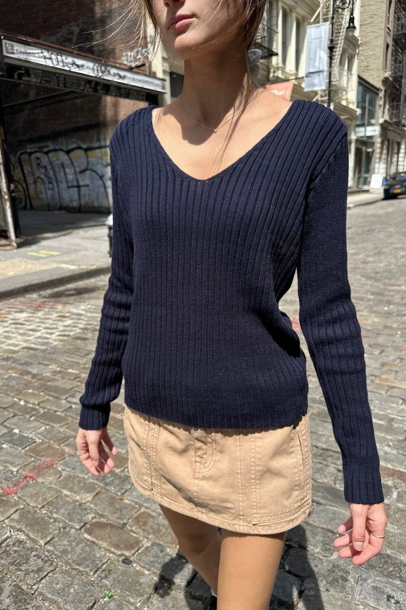 Navy Brandy Melville Grace V-Neck Sweaters | USA 97508-AKNZ