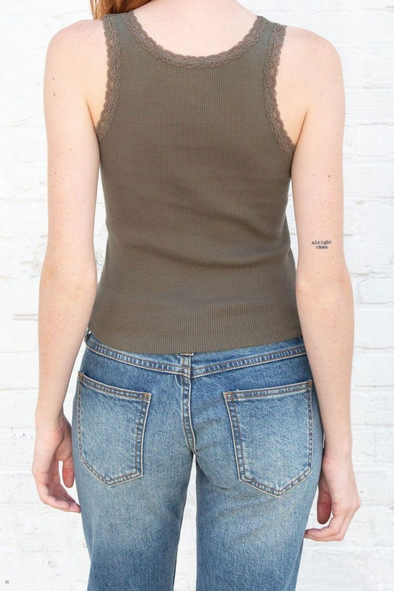 Olive Brandy Melville Ronnie Rib Lace Tank Tops | USA 54798-KUZB