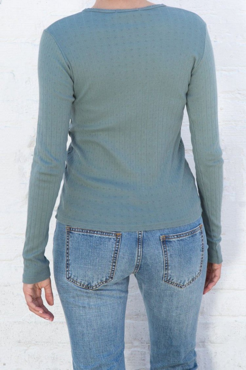 Turquoise Brandy Melville Leah Scallop Eyelet Long Sleeve Tops | USA 63258-PRQE