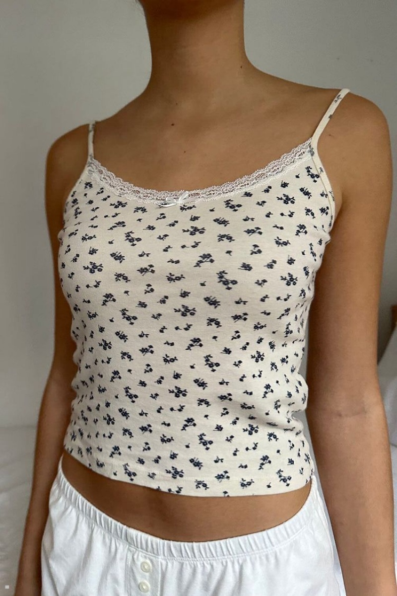 White Blue Brandy Melville Skylar Floral Lace Tank Tops | USA 32094-IDBO