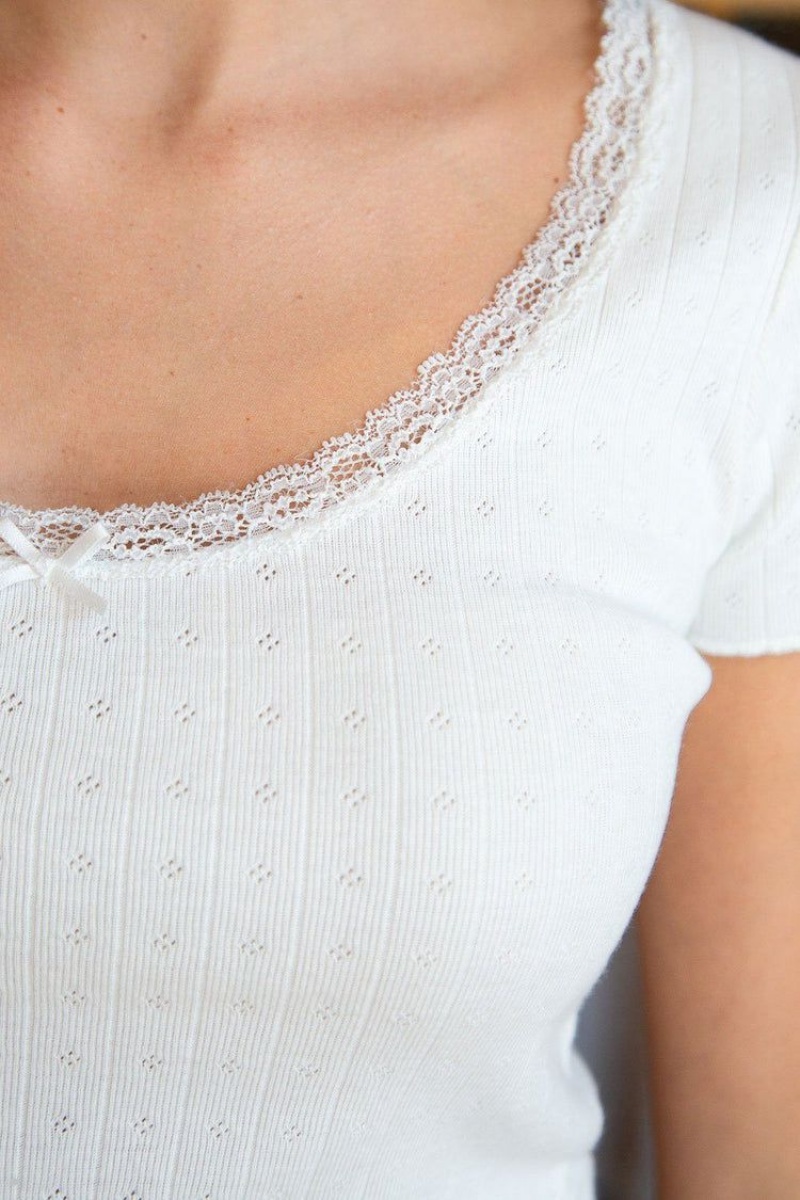 White Brandy Melville McKenna Eyelet Bow Tops | USA 01682-YVXA