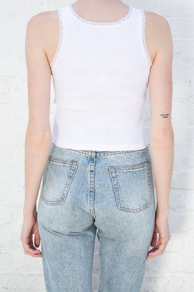 White Brandy Melville Ronnie Rib Lace Tank Tops | USA 06239-KSGP