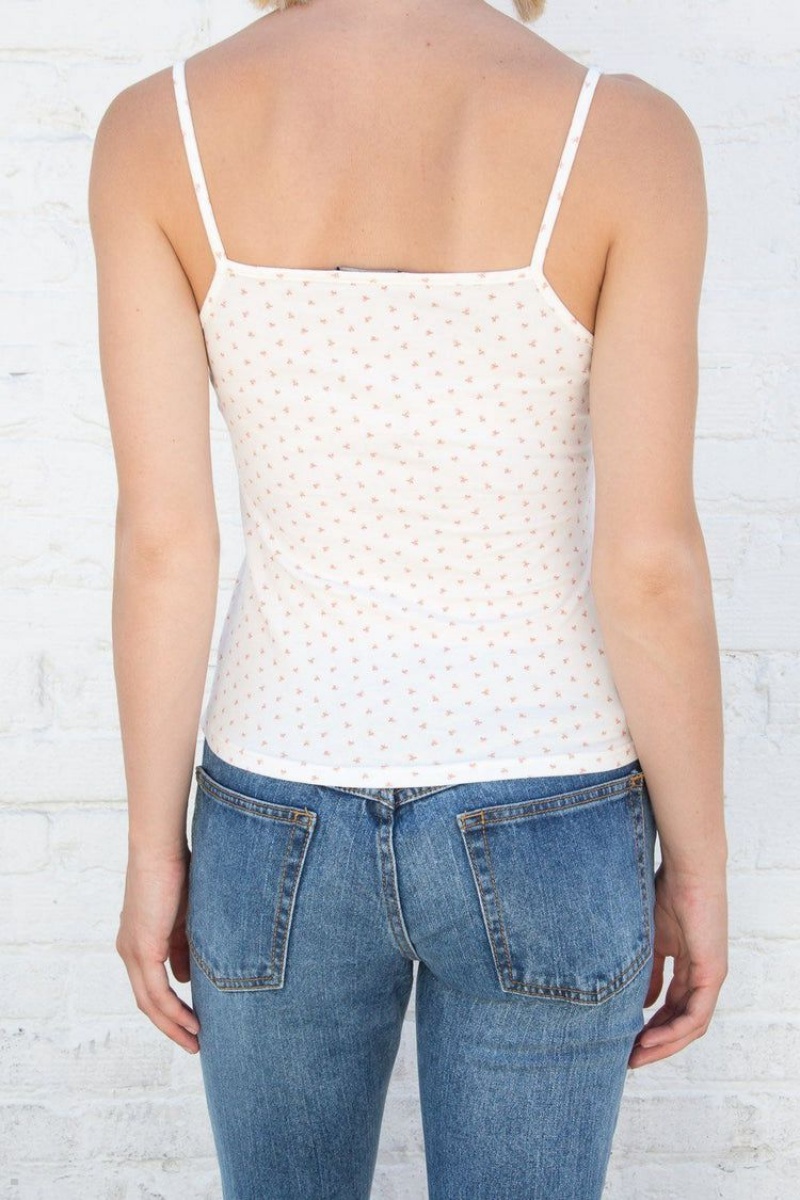 White Pink Brandy Melville Tiffany Cotton Floral Tank Tops | USA 79562-MWZN